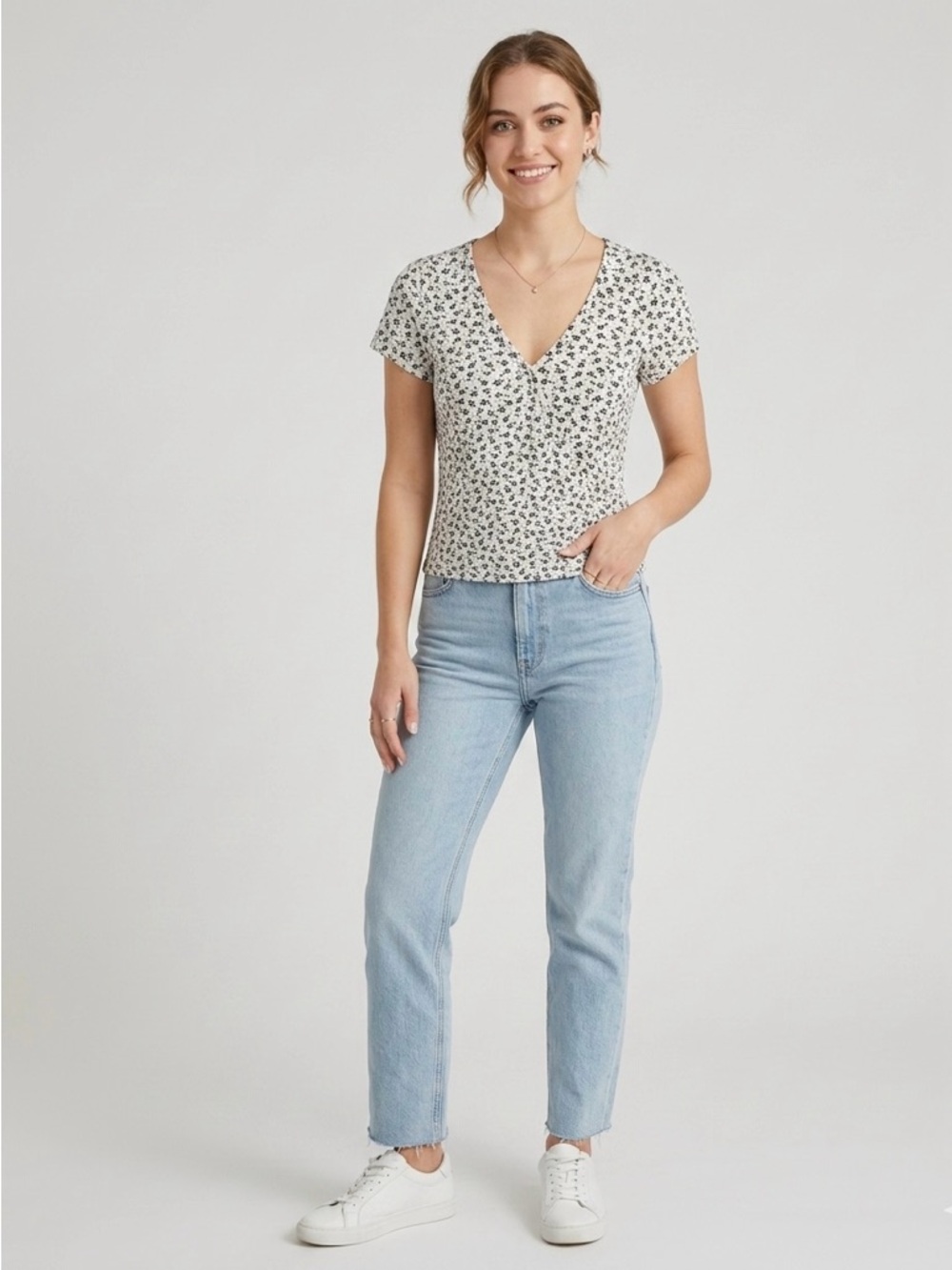 Black & White Floral Wrap V-Neck Tee
